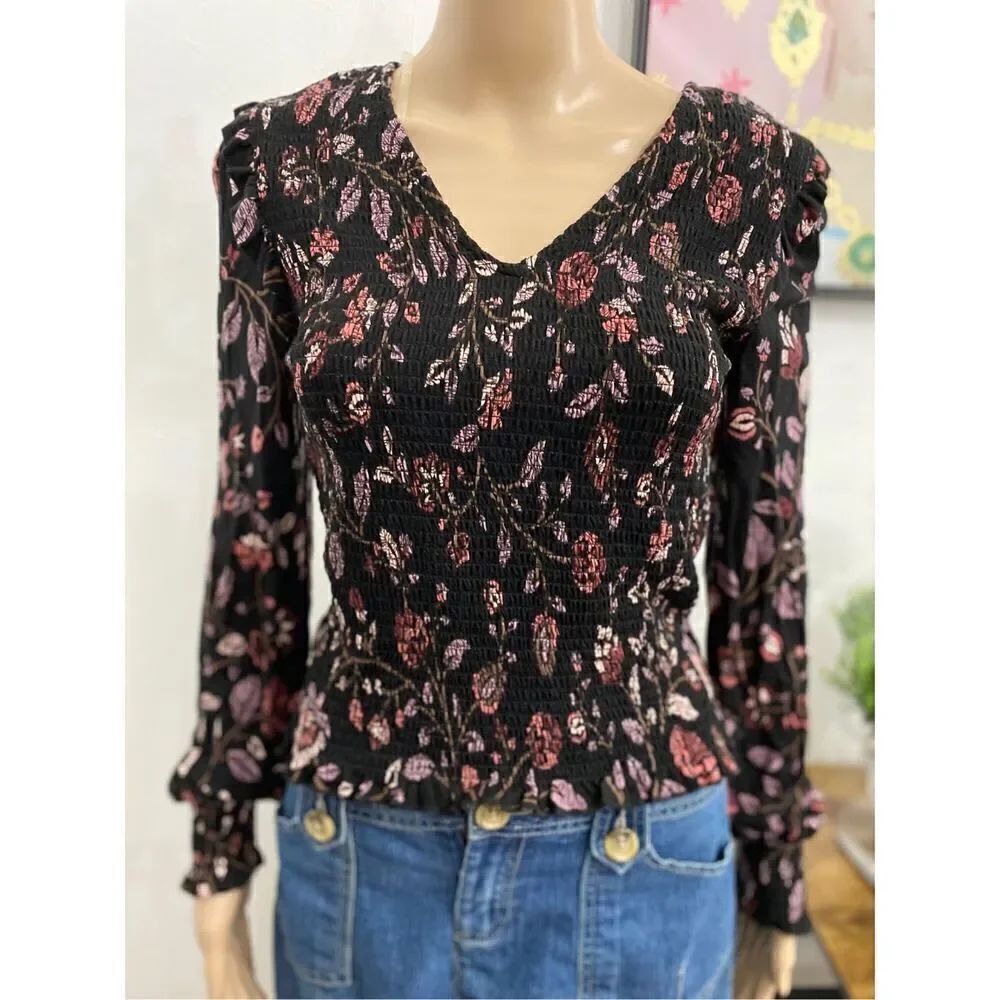 American Rag Printed Smocked Top Blouse Black Juniors Sz S